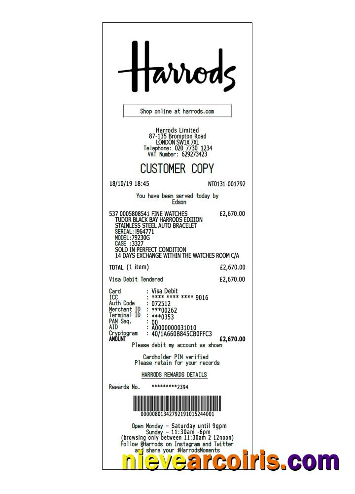 Harrods payment receipt
